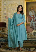Juniper Women's Sky Blue Mirror Embroidered Liva Rayon Kurta Pant And Dupatta Set With Lace & Button Detail | Grocsy