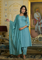 Juniper Women's Sky Blue Mirror Embroidered Liva Rayon Kurta Pant And Dupatta Set With Lace & Button Detail | Grocsy