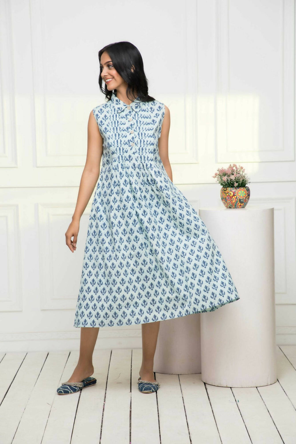 Myshka Women Blue Ethnic Motifs Cotton A-Line Mandarin Collar Dress | Grocsy