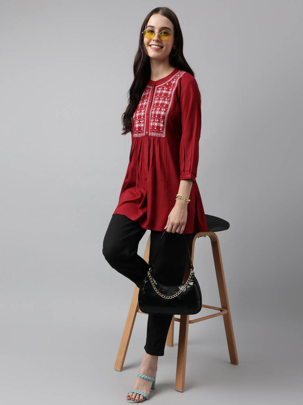 Red Rayon Yoke Embroidered A-line Top - Tarini | Grocsy