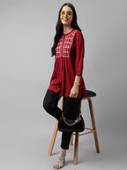 Red Rayon Yoke Embroidered A-line Top - Tarini | Grocsy