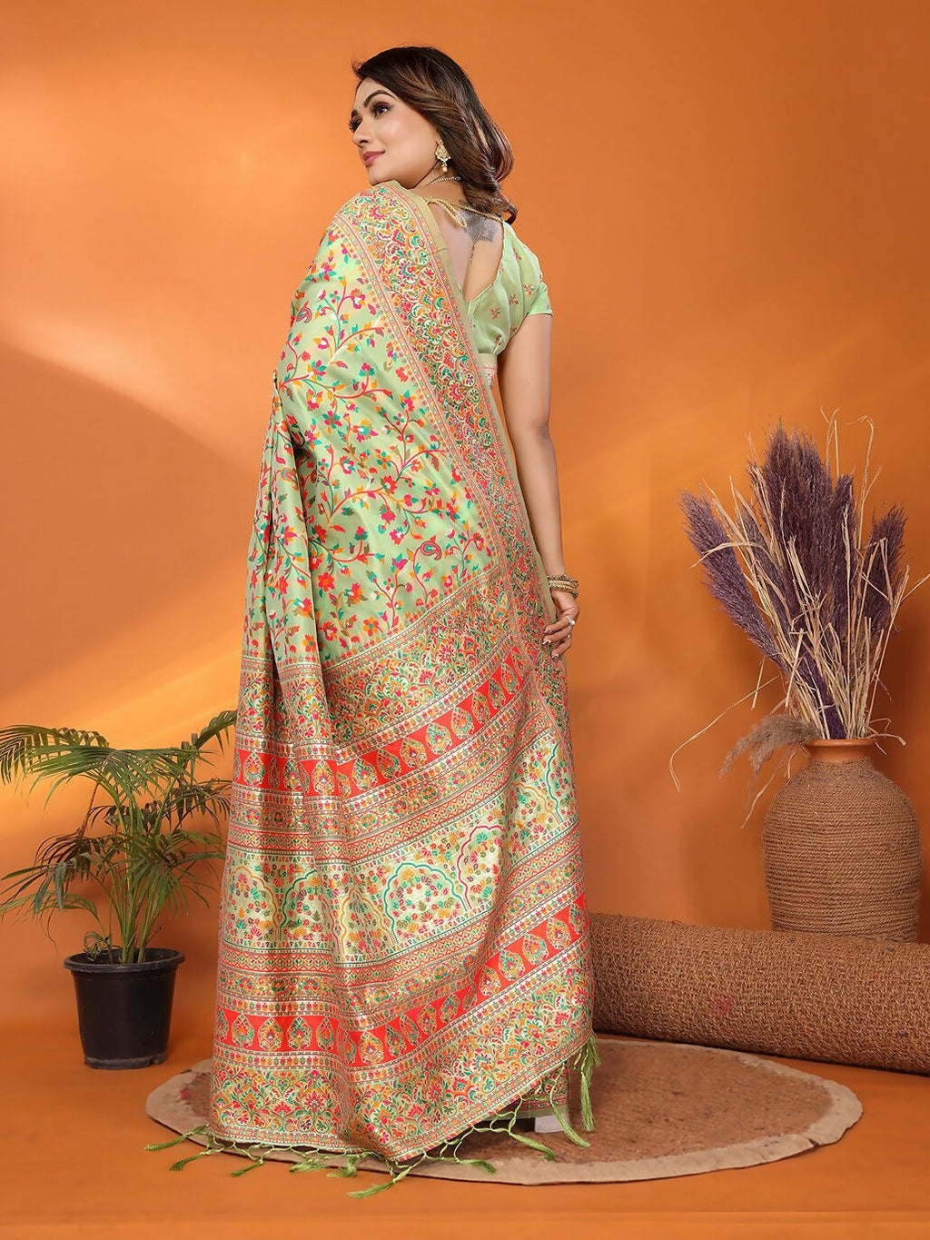Joban Fashion Pastel Green Meena Weaves Pashmina Sarees | Grocsy