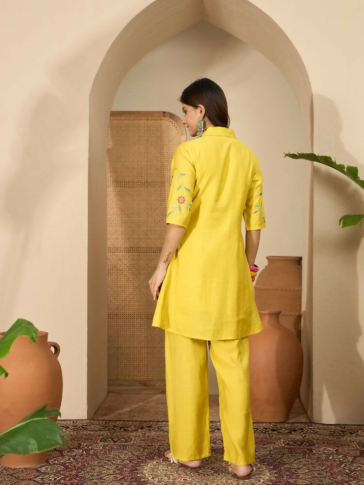 Joban Fashion Women Yellow Roman Silk Embroidered Stitched Kurta Set | Grocsy