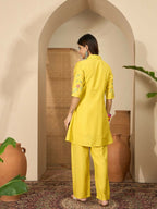 Joban Fashion Women Yellow Roman Silk Embroidered Stitched Kurta Set | Grocsy
