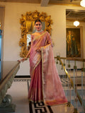 Vastranavya Baby Pink Tissue Shimmer Zari Weaving Work Saree with Unstitched Blouse | Grocsy