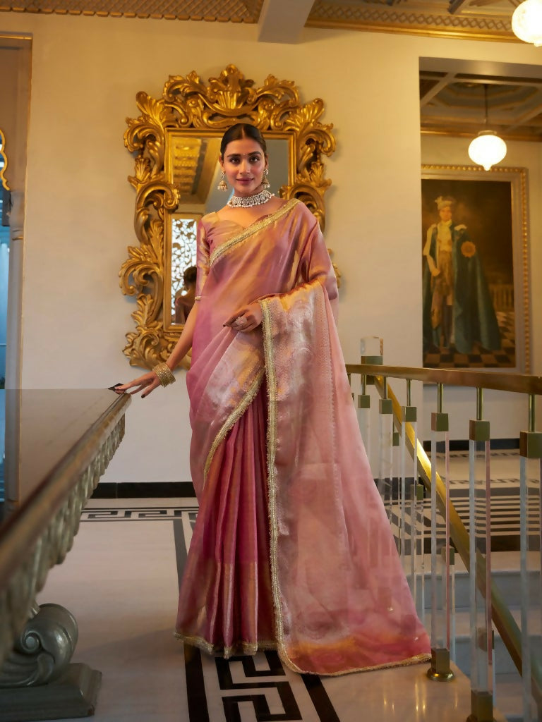 Vastranavya Baby Pink Tissue Shimmer Zari Weaving Work Saree with Unstitched Blouse | Grocsy