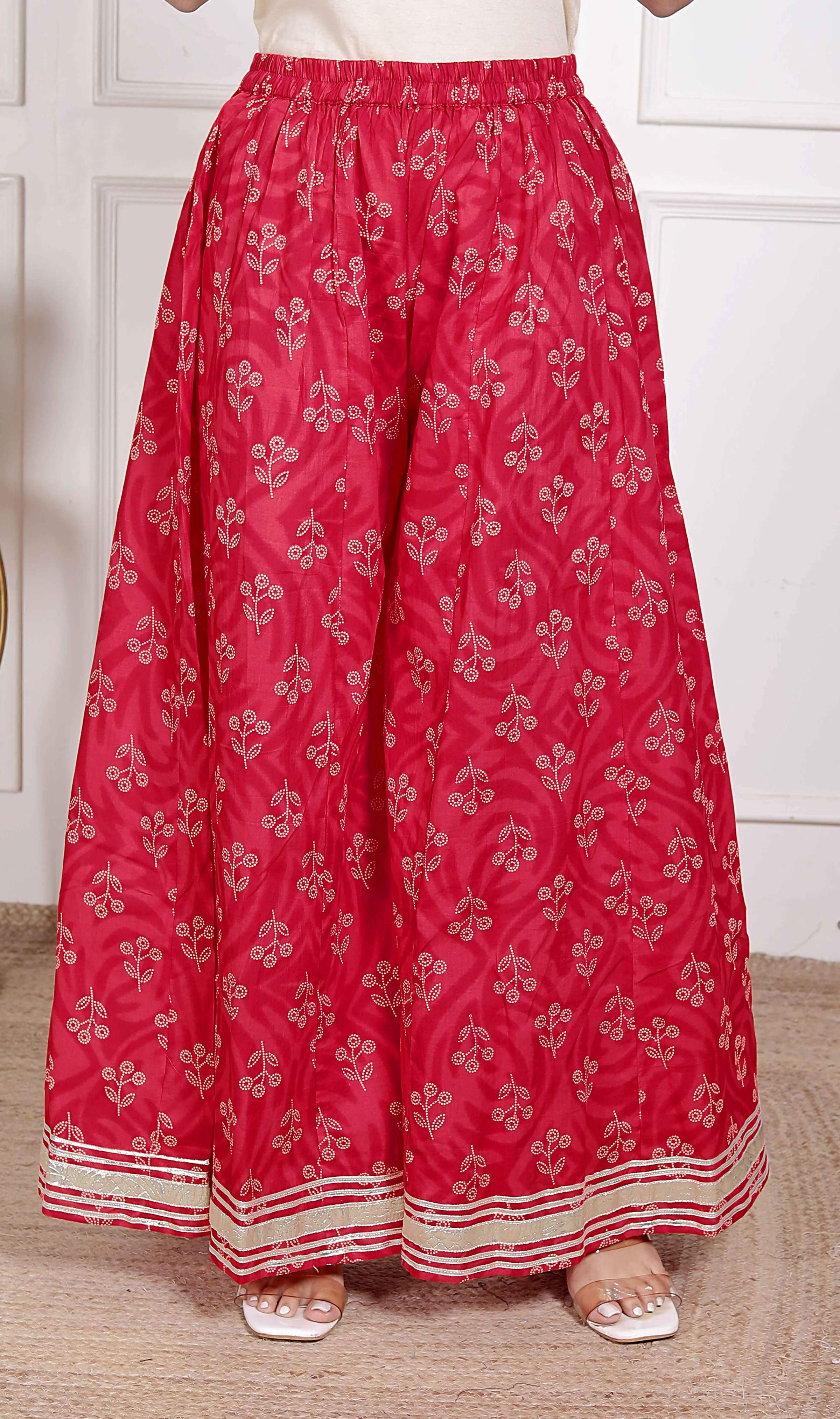 Miravan Red Floral Print Embroidered Cotton Straight Kurta with Palazzo & Dupatta | Grocsy