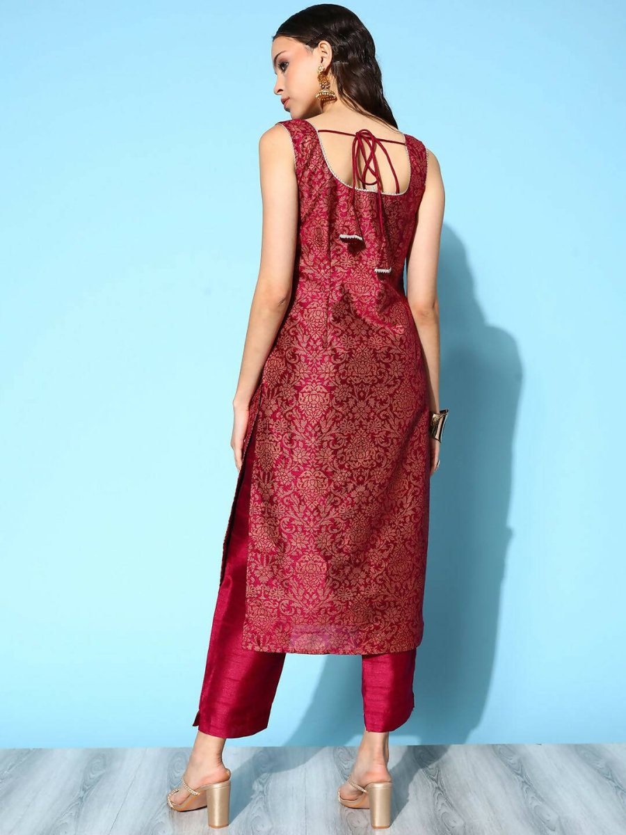 Ahalyaa Women's Wine Poly Silk Gold Paste Printed Kurta Pant Set | Grocsy