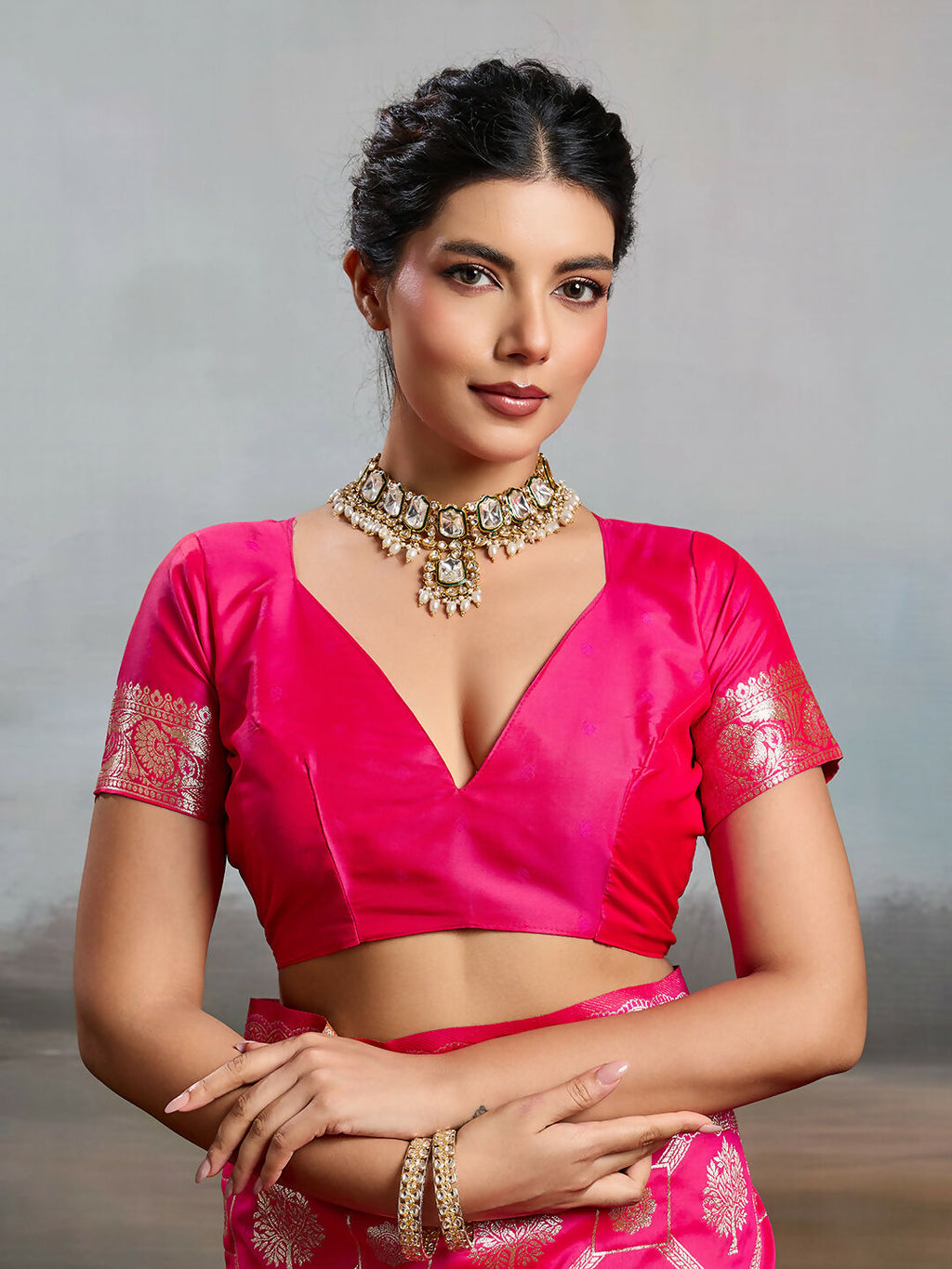 Shree Shyam Fashion Rani Pink Silk Blend Saree | Grocsy