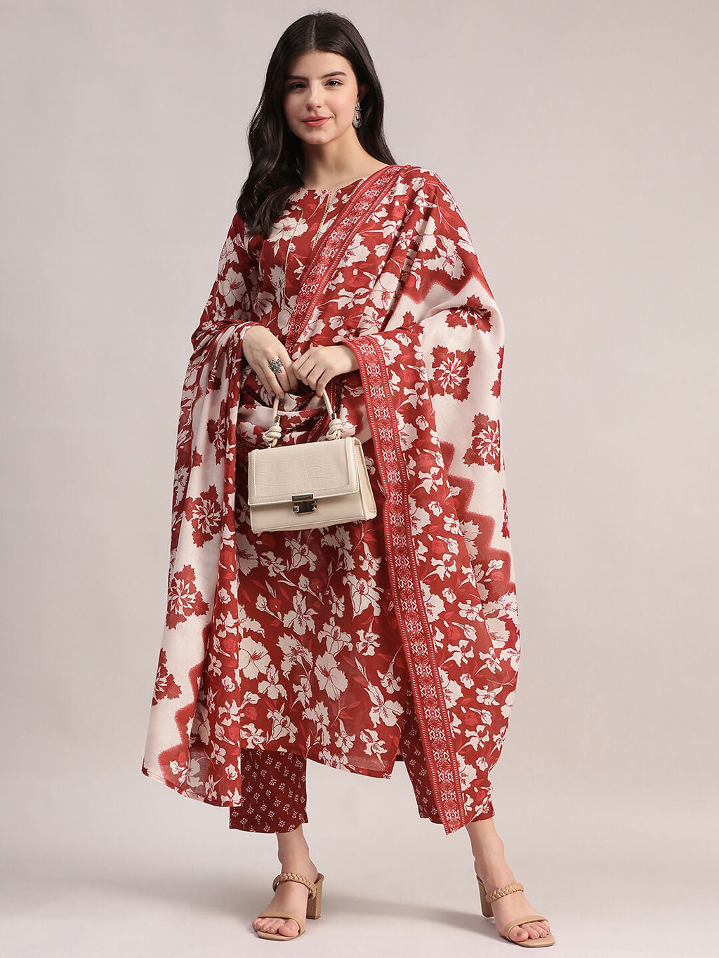 Aavyora Women Maroon Floral Printed Kurta with Printed Pants & Dupatta Set | Grocsy