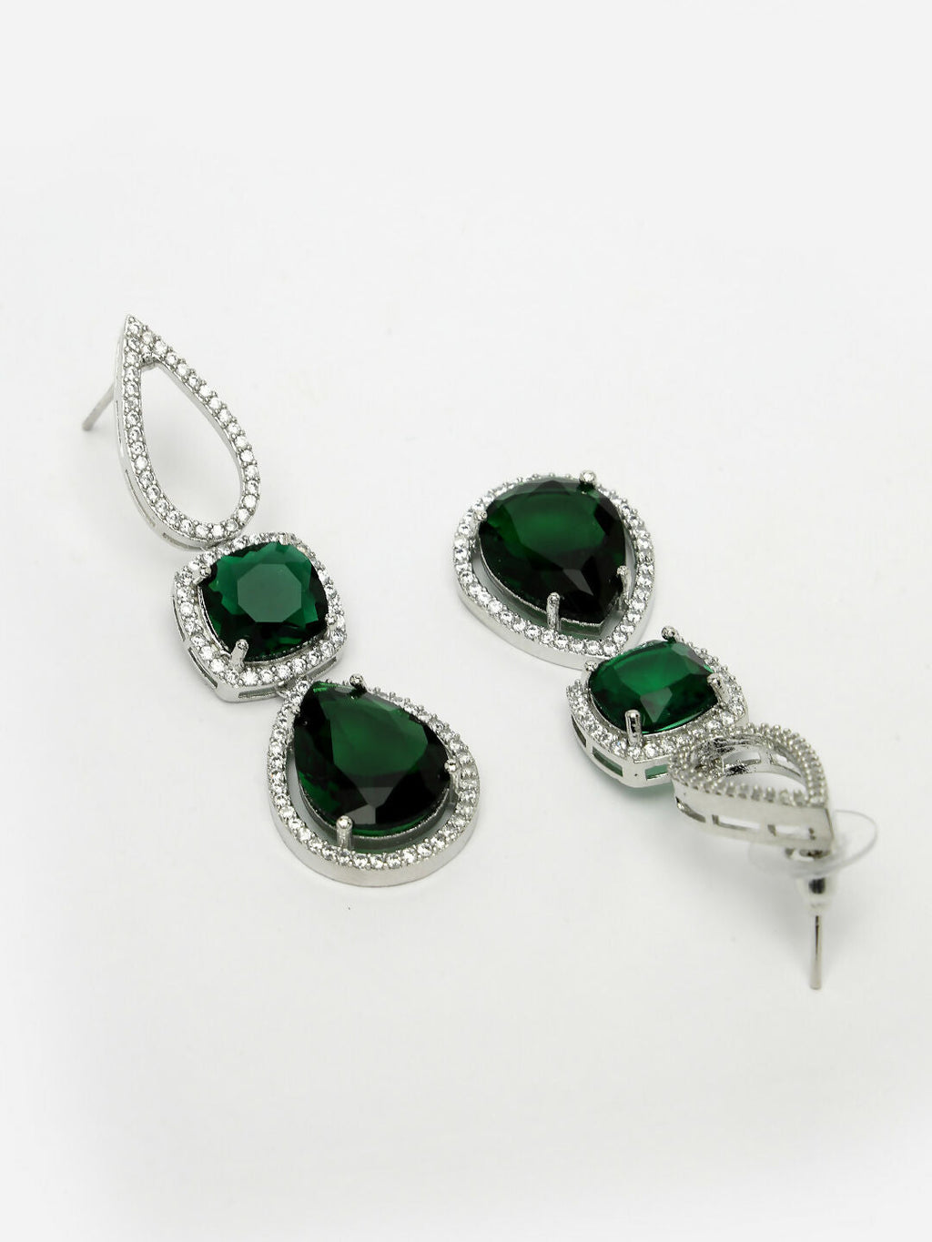 NVR Women's Green & Silver-Plated American Diamond Handcrafted Jewellery Set | Grocsy