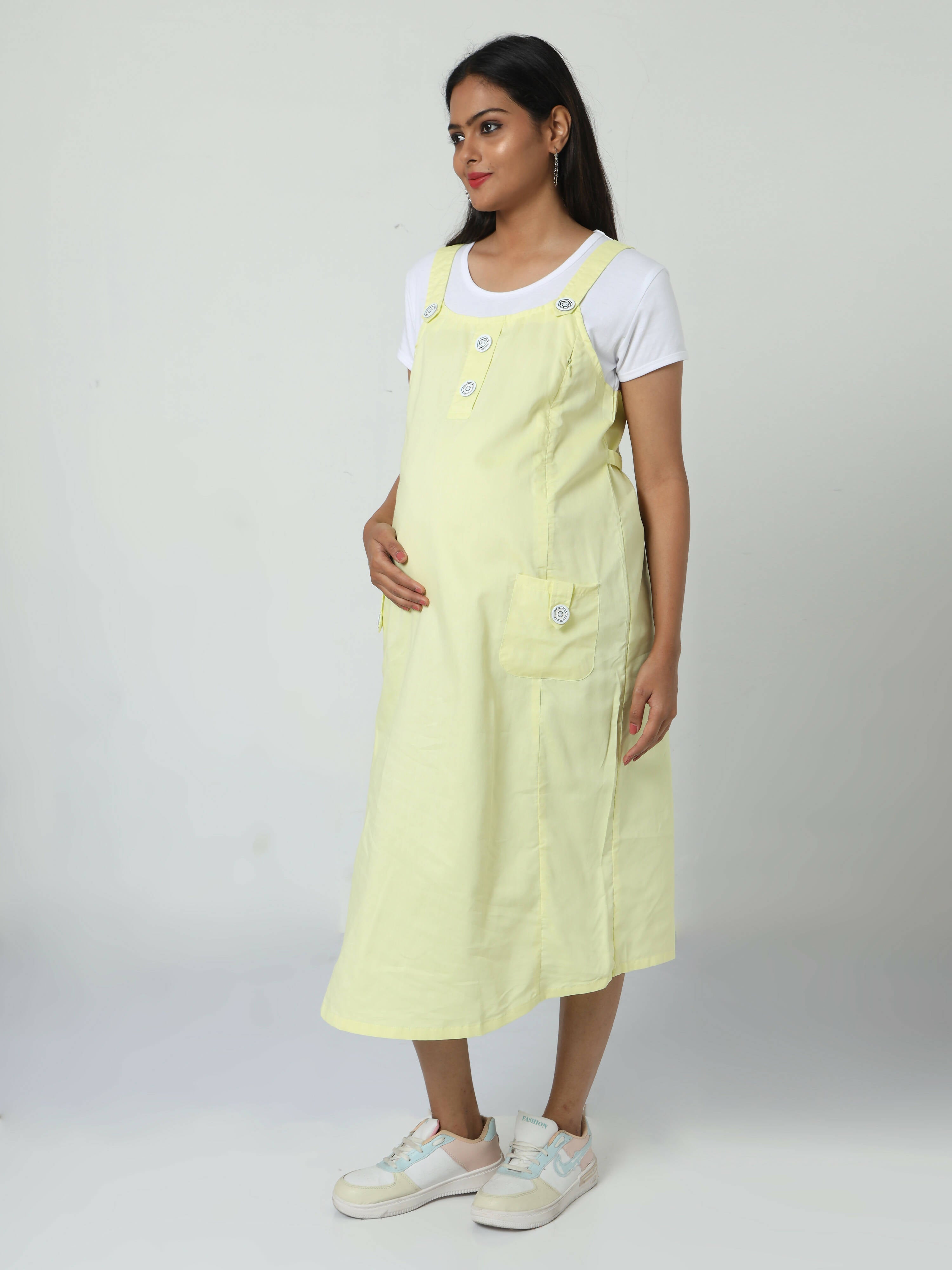 Manet Half Sleeves Solid Maternity Dress With Concealed Zipper Nursing Access - Yellow | Grocsy