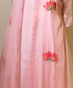 Timaraa Hand-Painted Rose Pink Organza Kurta Set With Lotus Motifs | Grocsy
