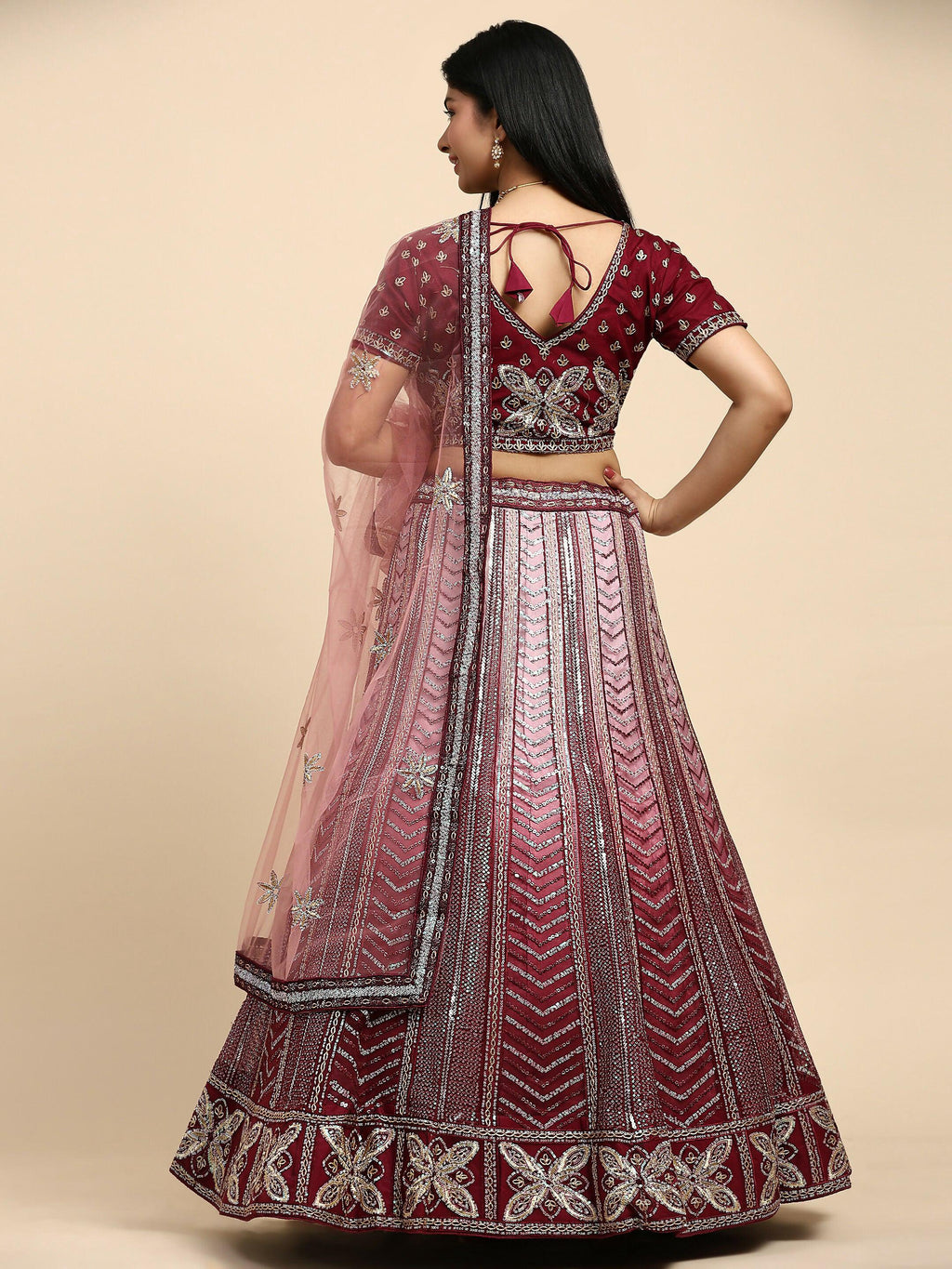Maroon Fancy Net Sequence Embroidered Lehenga Choli with Dupatta - Dhara | Grocsy