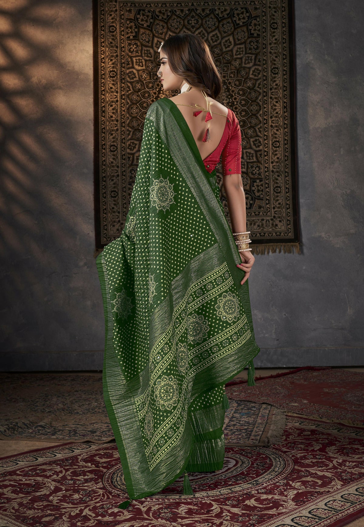 Joban Fashion Mustard Dola Silk Foil Print Zari Border Work Saree | Grocsy