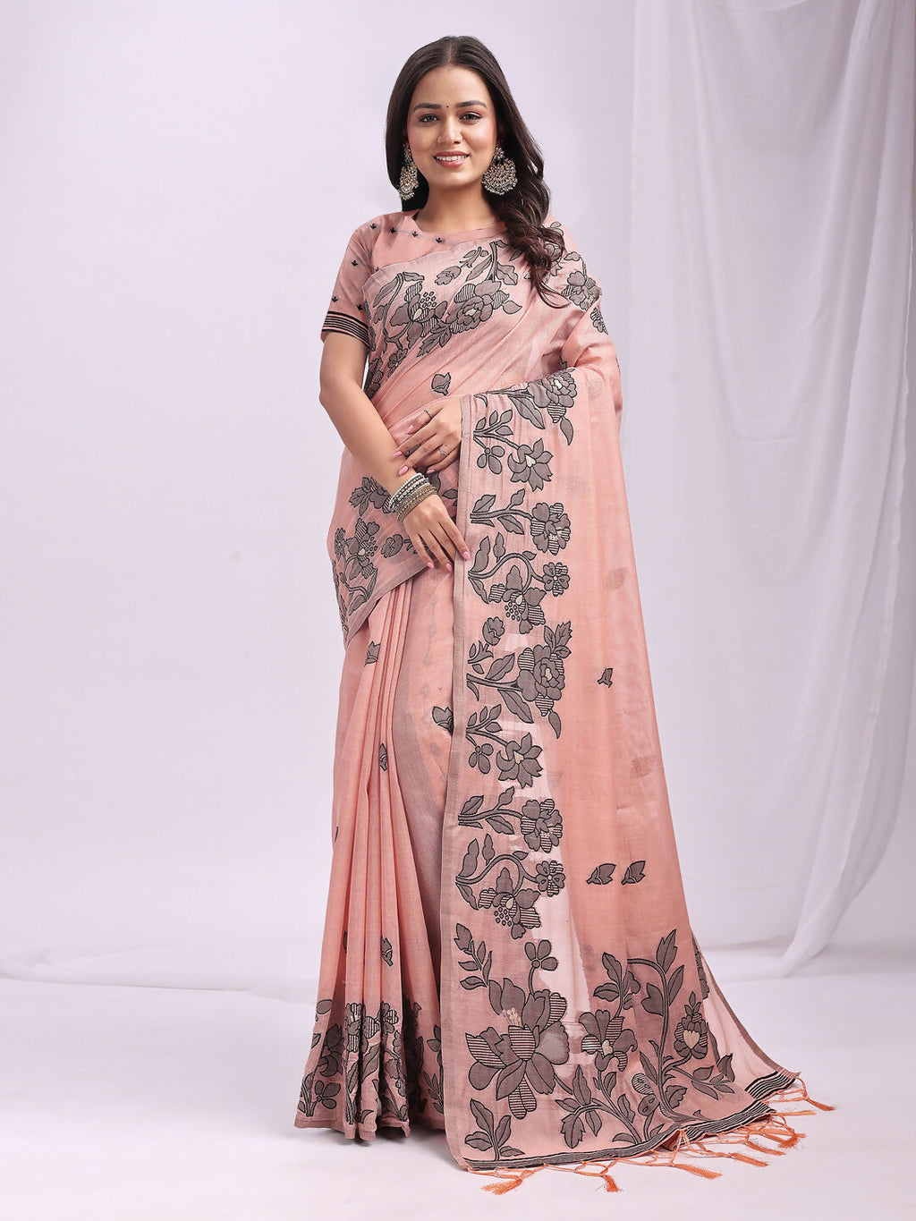 Shree Shyam Fashion Kashira Peach Linen Cotton Saree | Grocsy