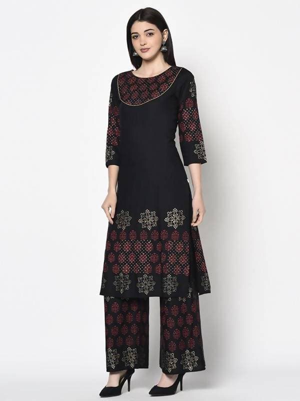 Aniyah Rayon Black Color Block Print Straight Kurta (AN-190K) | Grocsy