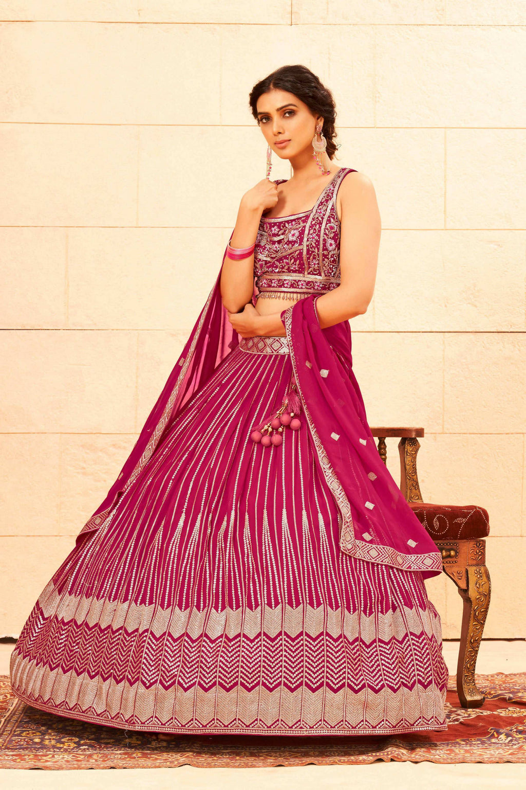 Pink Faux Georgette Embroidery sequence work Lehenga Choli with Dupatta - Dhvani | Grocsy
