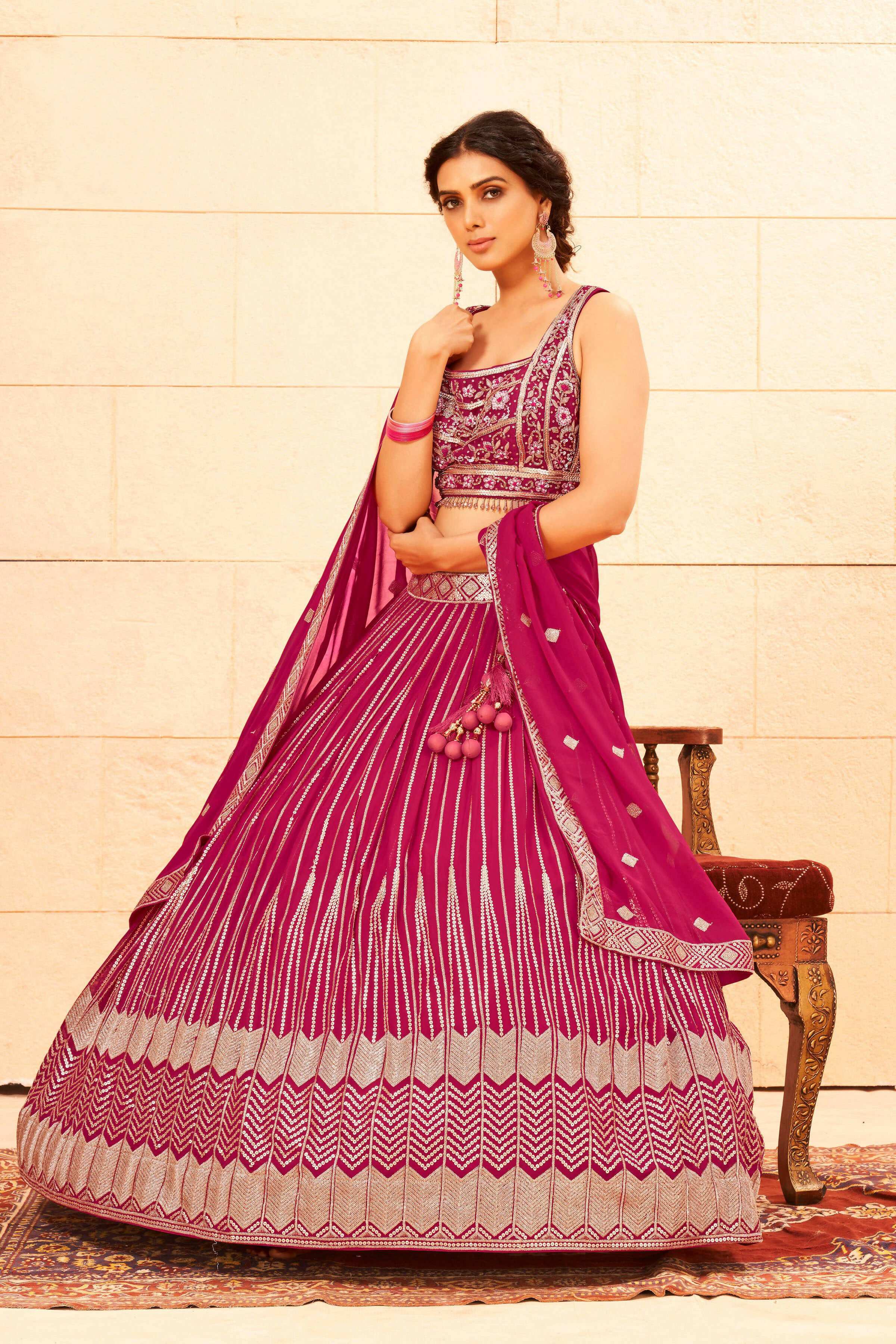 Pink Faux Georgette Embroidery sequence work Lehenga Choli with Dupatta - Dhvani | Grocsy