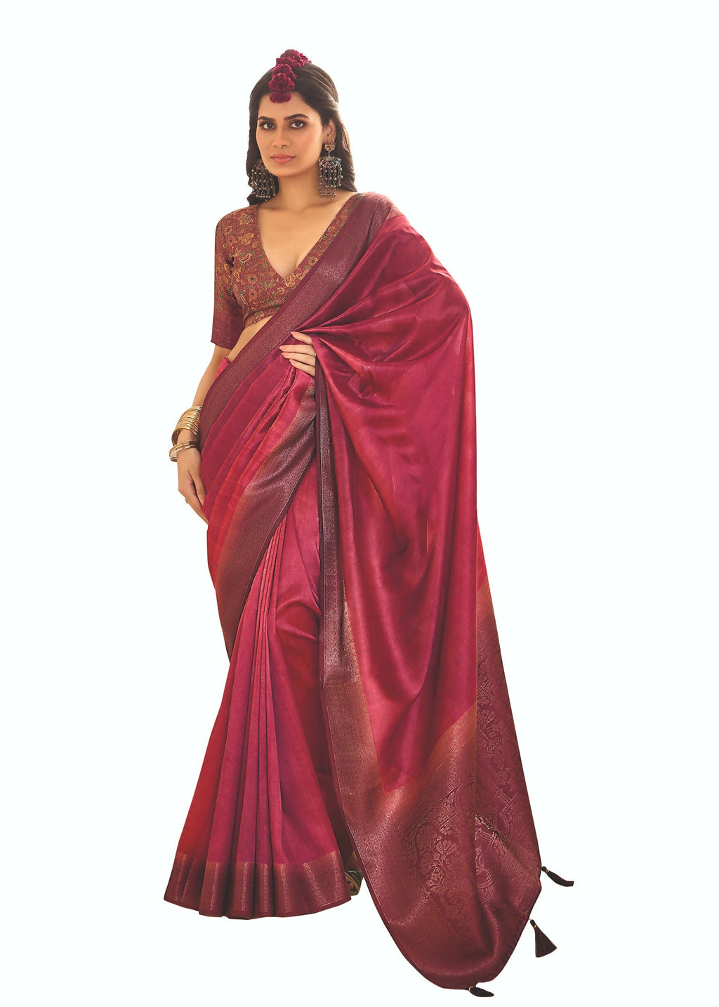 Joban Fashion Satin Silk With Zari Border Pink Colored Designer Pallu Saree | Grocsy