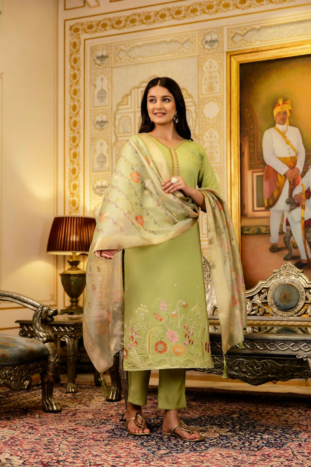 The52 Lemons Women's Beautiful Viscose Shimmer Fabric Embroidered Work Straight Kurta Pant and Dupatta Set | Grocsy