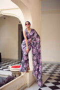 Vastranavya Grey Weightless Marble Printed & Pearl Lace Border Saree with Unstitched Blouse | Grocsy