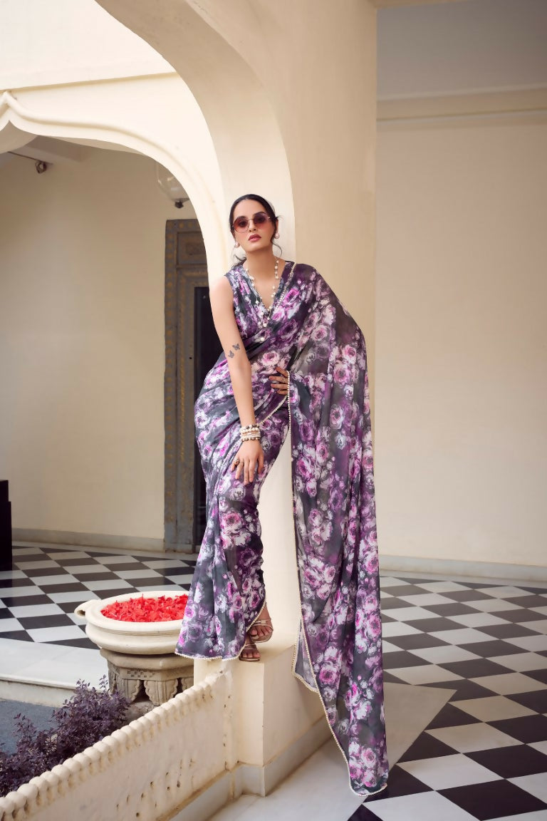 Vastranavya Grey Weightless Marble Printed & Pearl Lace Border Saree with Unstitched Blouse | Grocsy