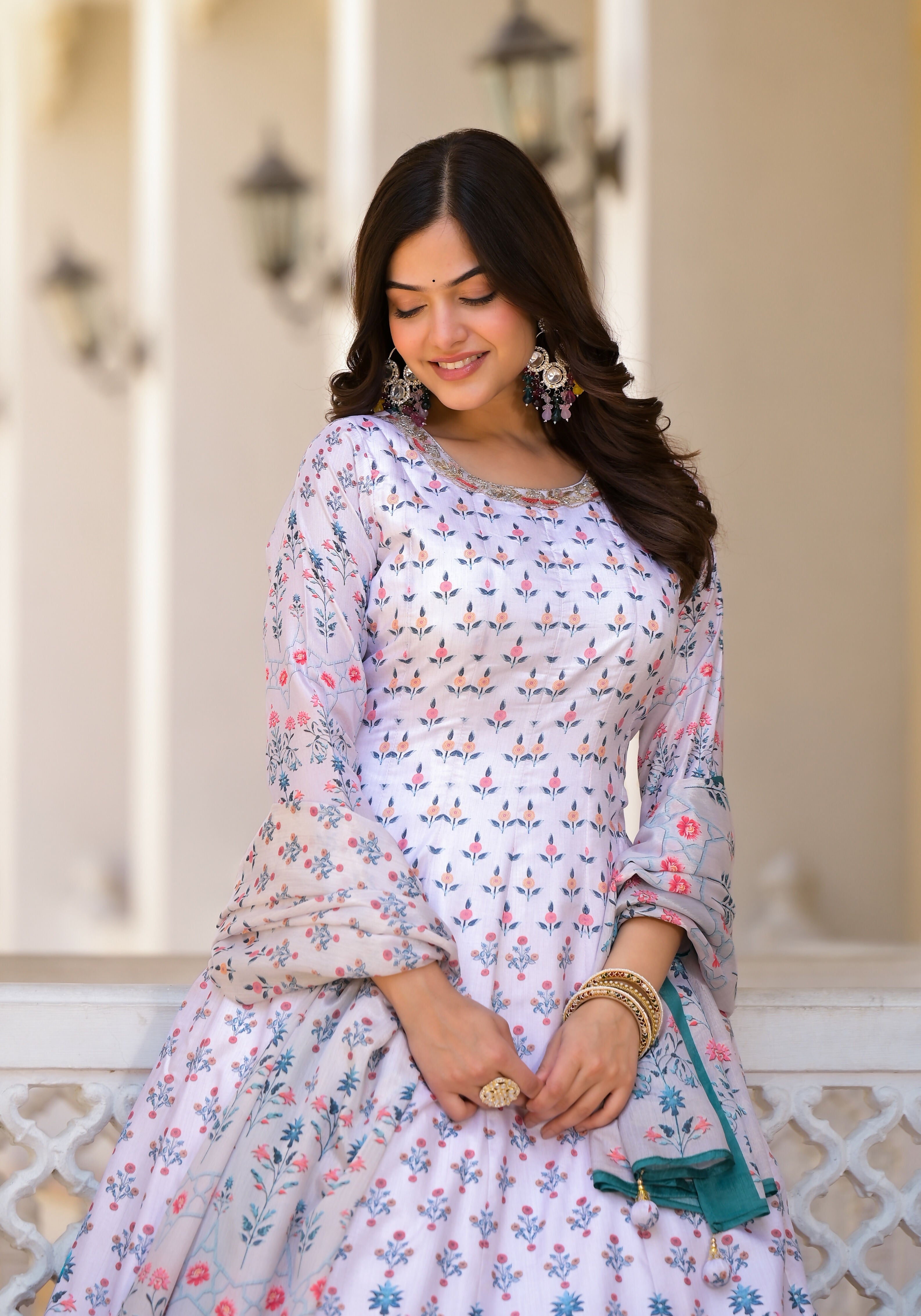 Partywear Designer White Dola Silk Anarkali suit with Dupatta- Samyukta | Grocsy