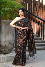 Beatitude Black Cotton Floral Jamdani Saree | Grocsy