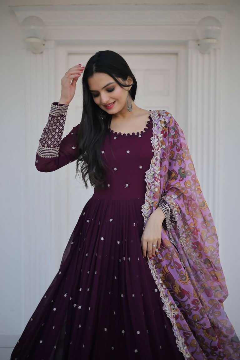 Jyoti Fashion Women's Wine Faux Blooming Sequence Zari Embroidered Anarkali Dress with Dupatta | Grocsy
