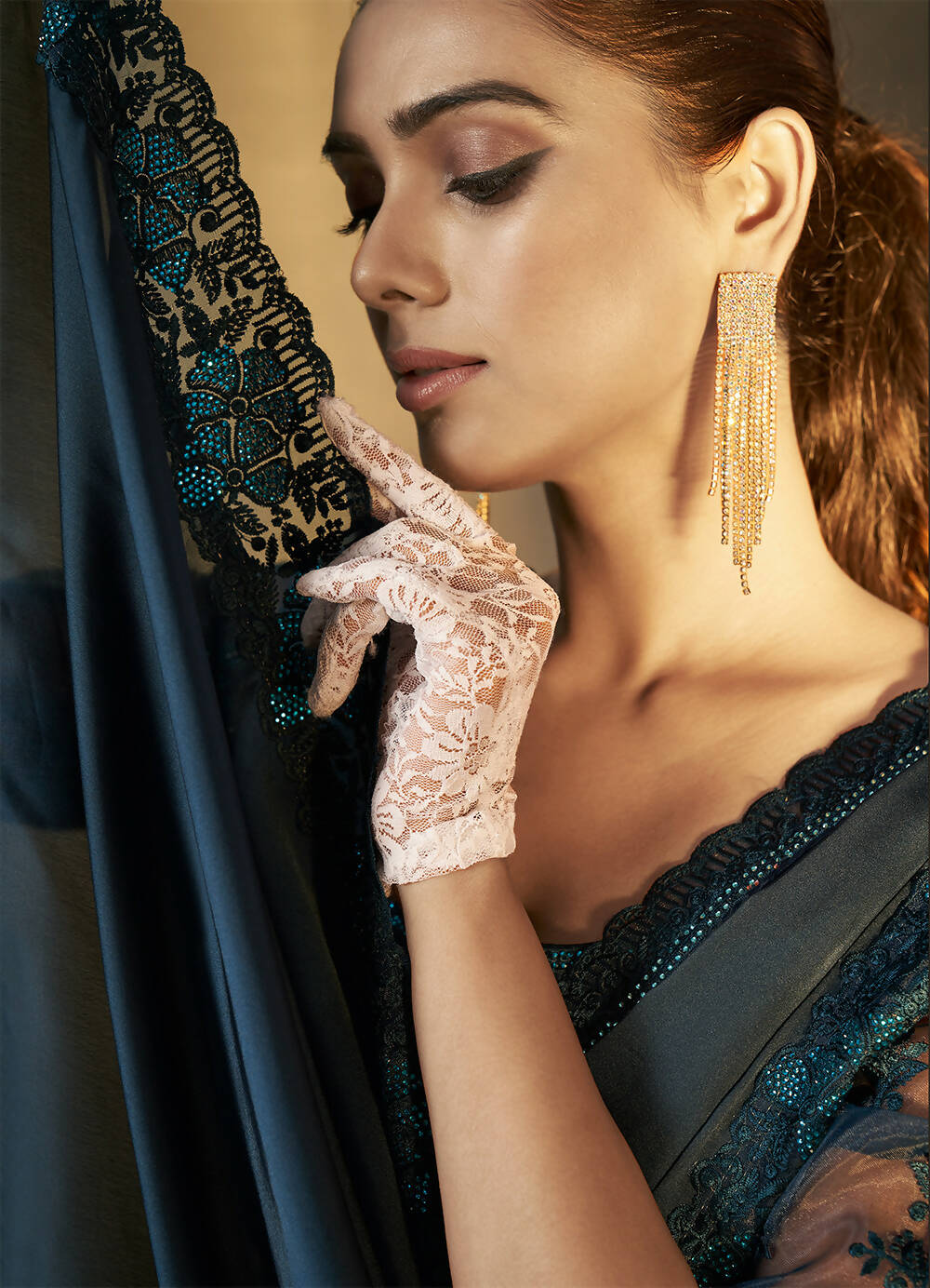 Teal Satin Silk Floral Embroidered with Swaroski Work Saree With Unstitched Blouse Piece - Norita Royal Erisha | Grocsy