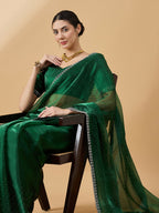 Green Organza Swaroski Diamond Work Saree with Unstitched Blouse - Radha | Grocsy