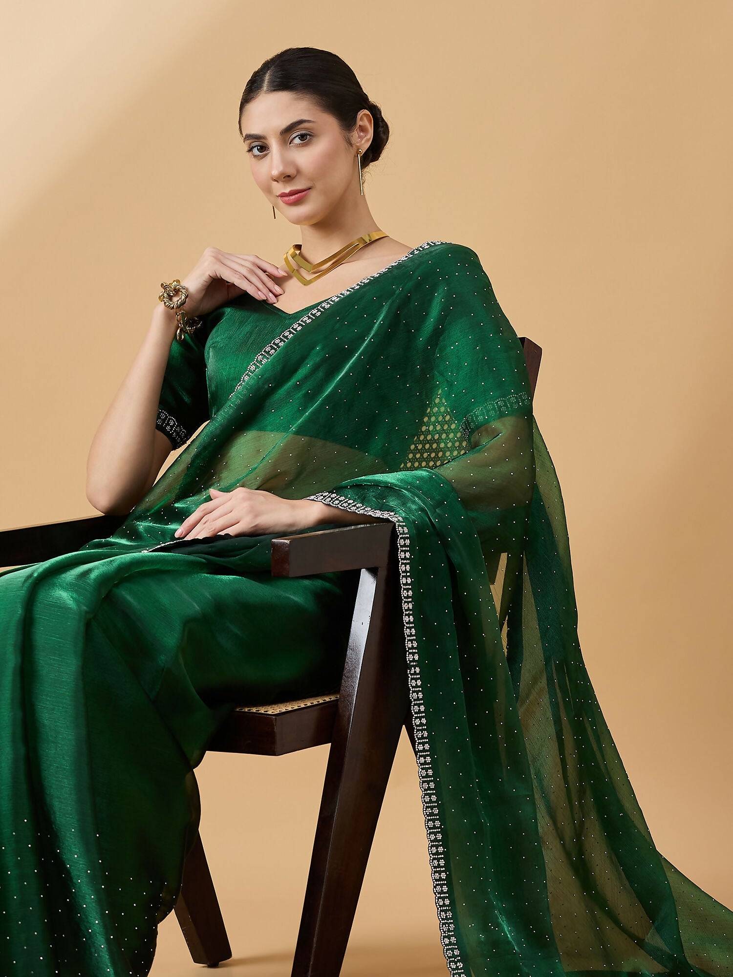 Green Organza Swaroski Diamond Work Saree with Unstitched Blouse - Radha | Grocsy