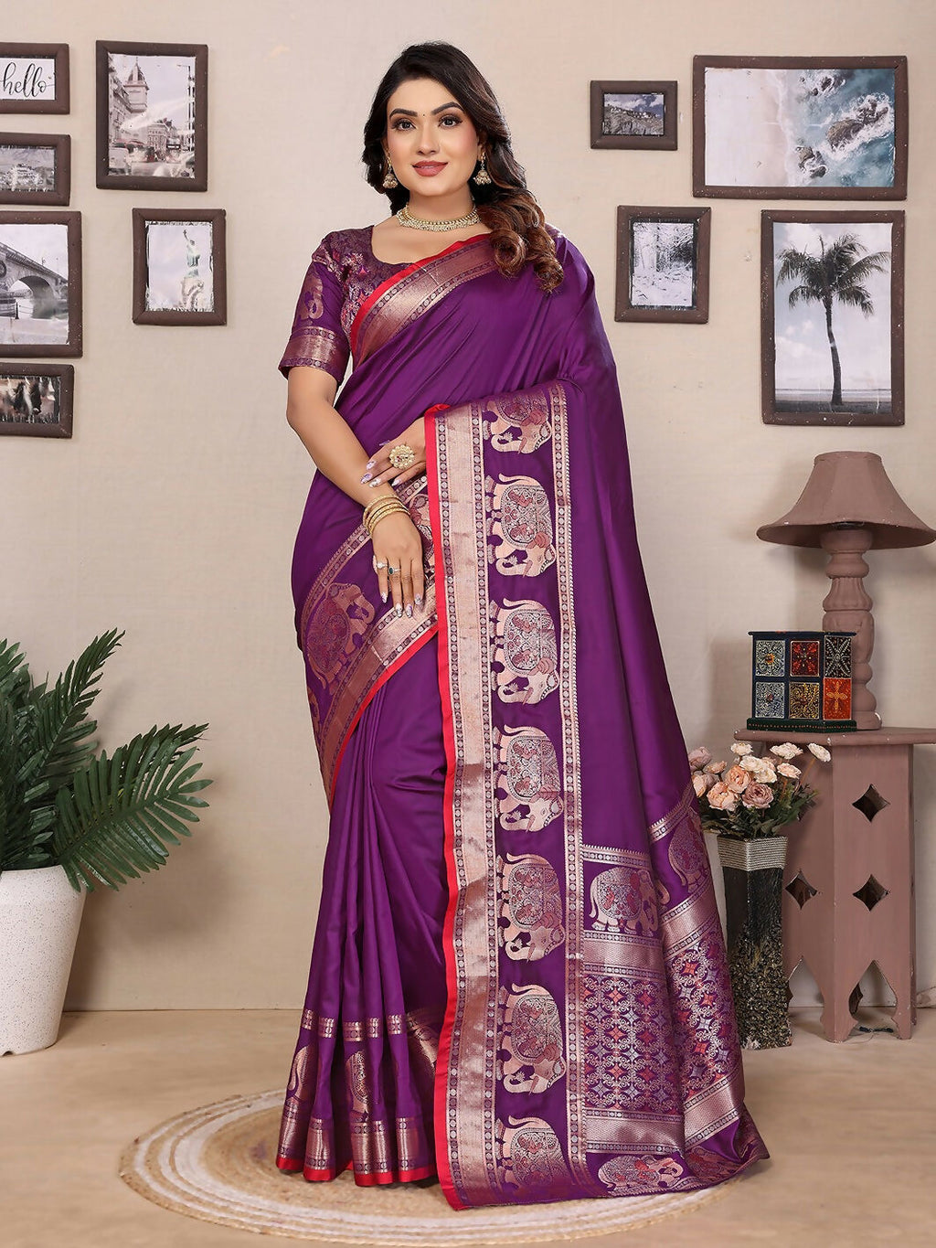 Joban Fashion Purple Solid Banarasi Silk Sarees | Grocsy