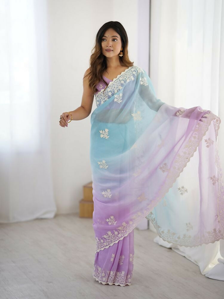 Lavender Crunchy Silk Embroidery Work Party Wear Saree - Lakshita | Grocsy