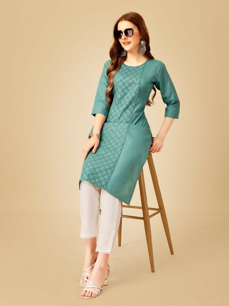 Jyoti Fashion Women's Teal Cotton Blend Embroidered Kurta Pant Set | Grocsy