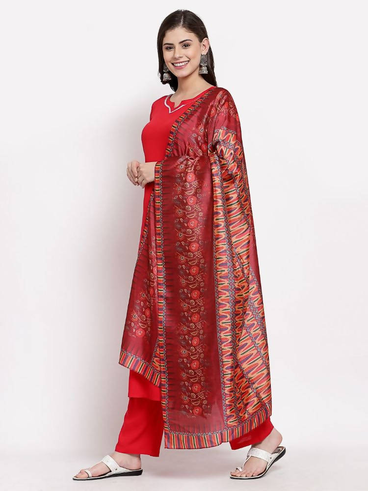 Myshka Women's Latest Red Cotton Solid 3/4 Sleeve Square Neck Casual Kurta Pant Dupatta Set | Grocsy