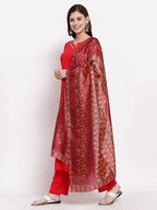 Myshka Women's Latest Red Cotton Solid 3/4 Sleeve Square Neck Casual Kurta Pant Dupatta Set | Grocsy
