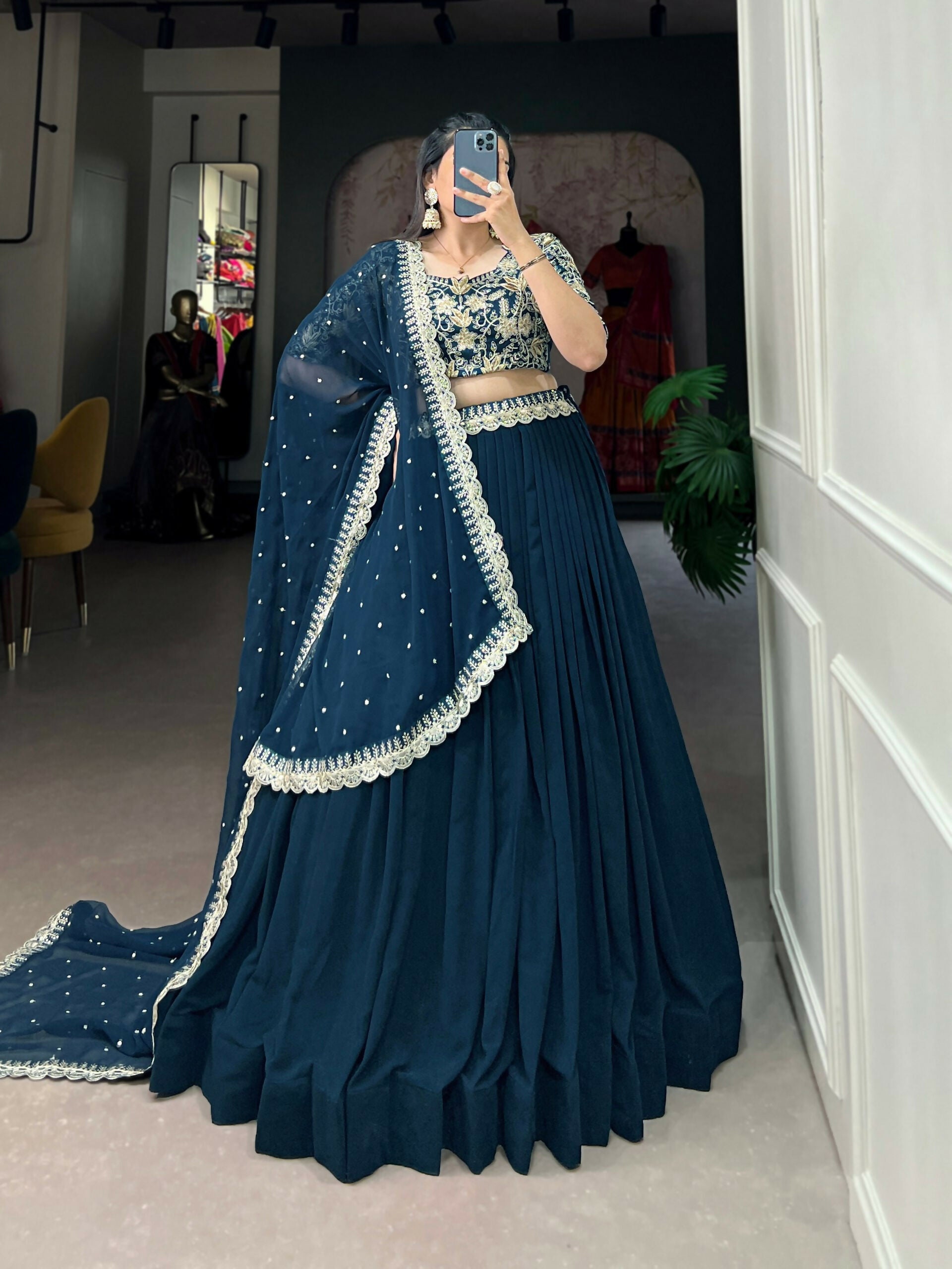 Vastranavya Gorgeous Georgette Lehenga Choli With Embroidered Banglory Blouse - Teal | Grocsy
