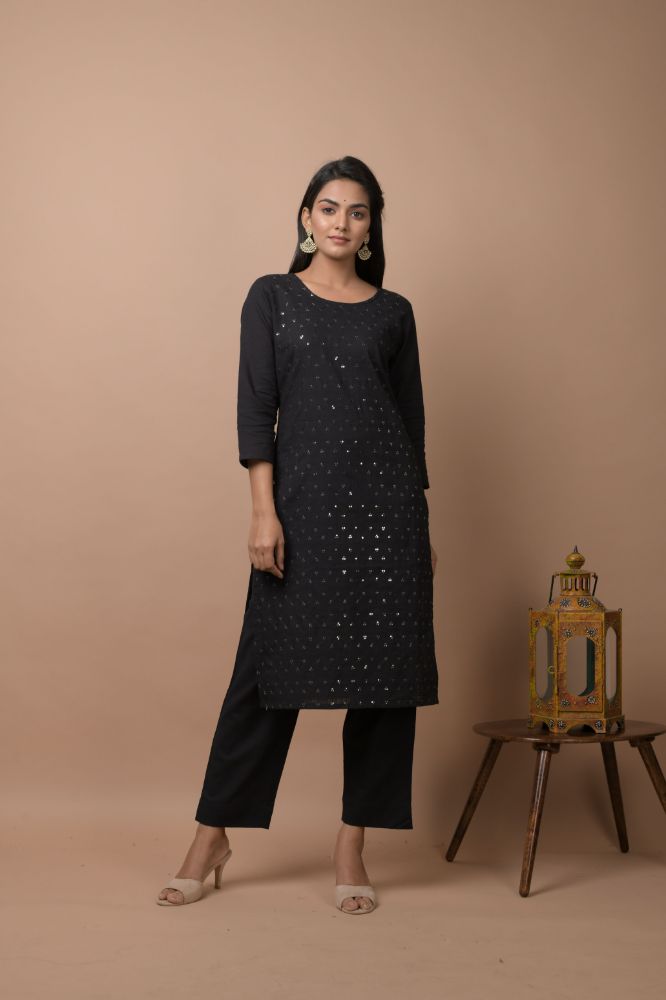 Kaajh Women's Black Solid Sequins Embellished Kurta Pant Set | Grocsy