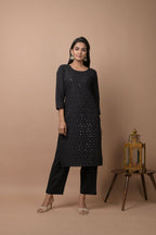 Kaajh Women's Black Solid Sequins Embellished Kurta Pant Set | Grocsy