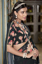 Vastranavya Black Spectacular Georgette Printed with Pearl Lace Saree with Unstitched Blouse | Grocsy