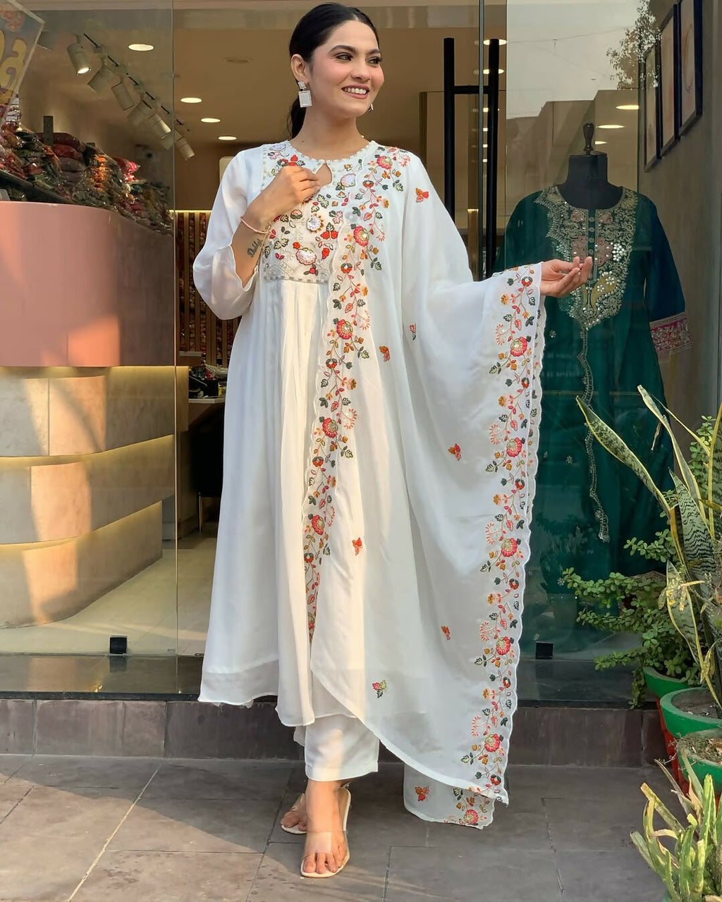The52 White Women's Gorgeous Embroidered Viscose Chiffon Fabric Pleated Kurta Pant with Dupatta Set | Grocsy