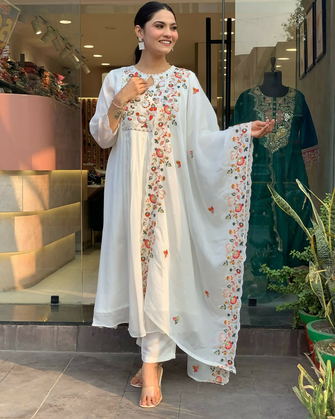The52 White Women's Gorgeous Embroidered Viscose Chiffon Fabric Pleated Kurta Pant with Dupatta Set | Grocsy