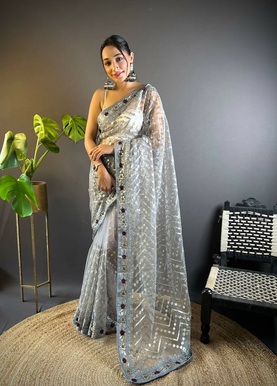 Vastranavya Butterfly Net Designer Chain Stitch Embroidery Work with Foil Thread & Stone Work Saree with Blouse Material - Grey | Grocsy