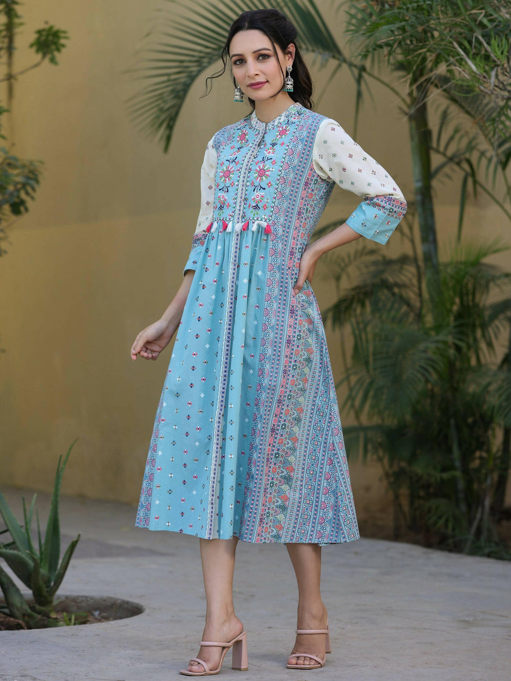 Juniper Women's Skyblue Cambric Printed Flared Dress | Grocsy