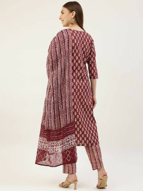 FIORRA Women's Maroon Cotton Straight Kurta Pant With Dupatta | Grocsy