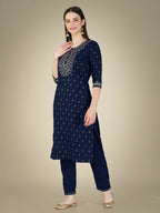Jyoti Fashion Women's Navy Blue Cotton Magic Slub Embroidery & Sequence work Kurta with Trouser & Dupatta | Grocsy