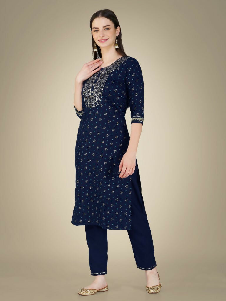Jyoti Fashion Women's Navy Blue Cotton Magic Slub Embroidery & Sequence work Kurta with Trouser & Dupatta | Grocsy