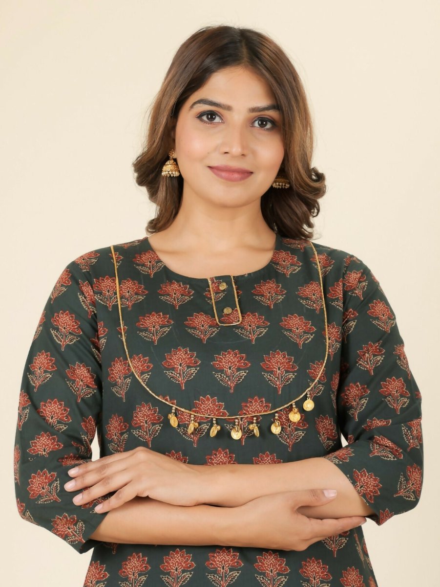 Aramya Straight Soft Cotton Ajrakh Print Women's Kurta Set - Green | Grocsy